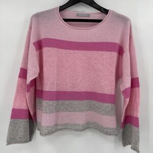 HANNAH ROSE Cashmere Striped sweater Knit Crewneck Women M Pink Gray Pullover‎